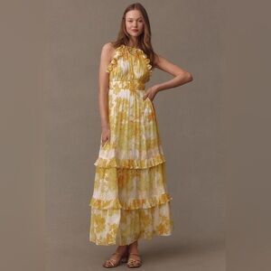 BHLDN Ava Chiffon High-Neck Ruffled Maxi Dress